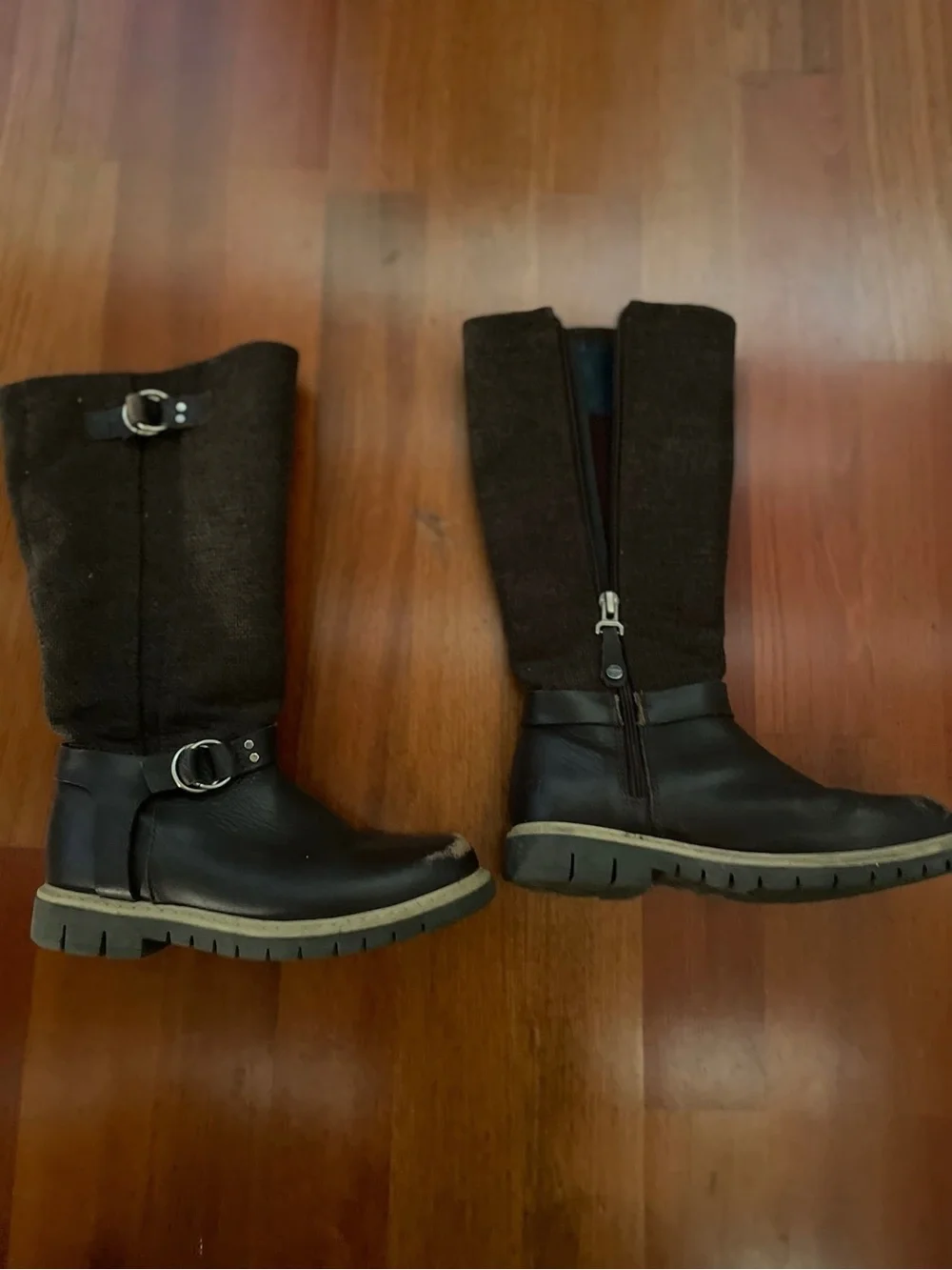 Kids Tall Brown Winter Boots with Side Zipper and Buckle Detail